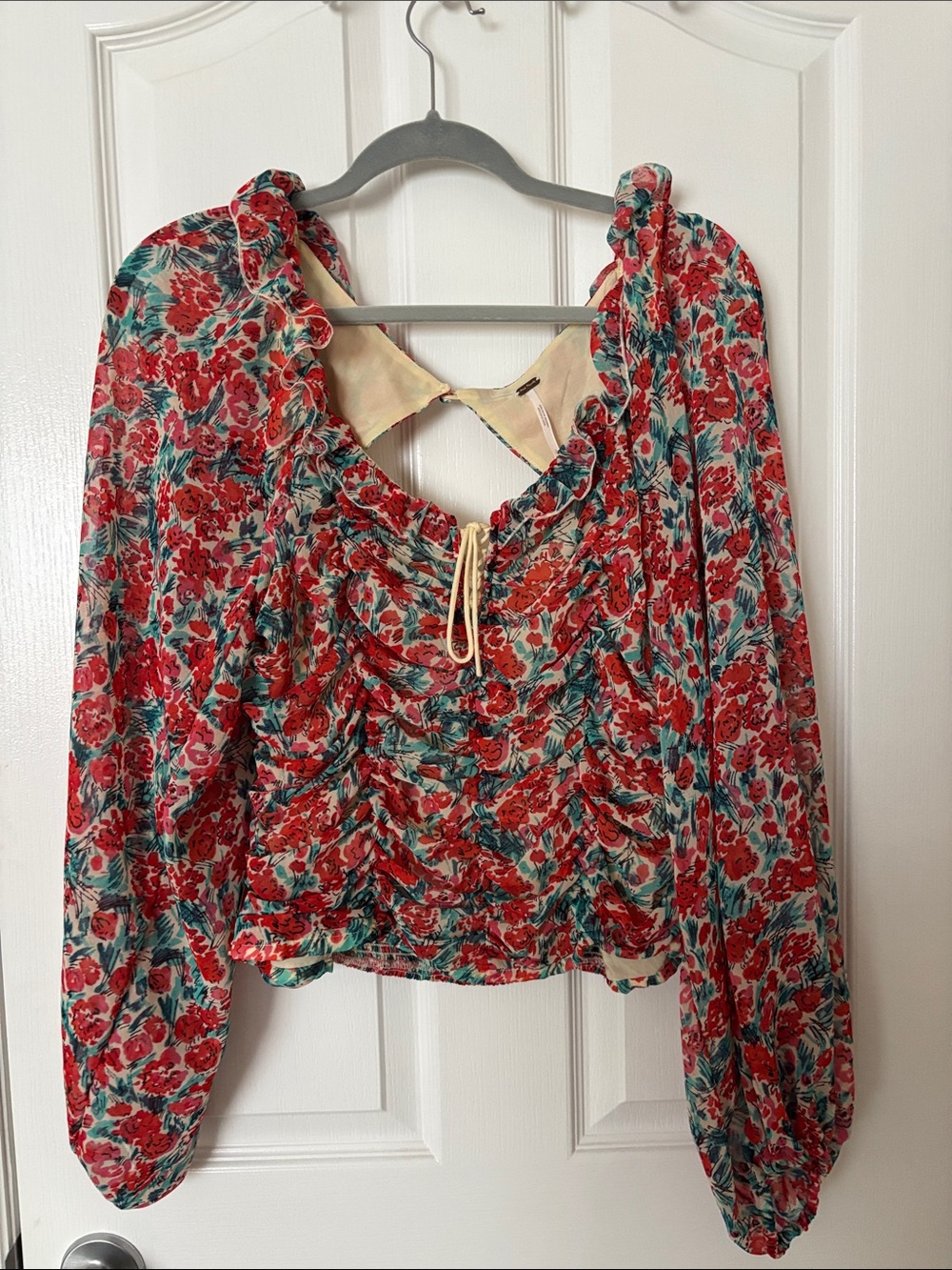 Free People Red Multi Floral Ruched Tie-Front Peasant Blouse